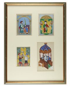Four individual Jewish Holiday illustrations, featuring: Rosh Hashanah, Sukoth and two scenes of Purim.