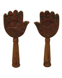Hamsa-shaped, each side set with depiction of a Holy Site: The Western Wall, Tomb of Rachel, Tomb of Samuel the Prophet, Tomb of the Patriarchs in Hebron. The fingers painted with roses. Height: 9.5 inches.( 24.13 cm).