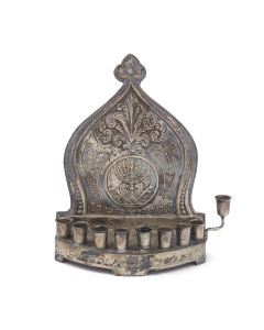 Of white metal, with classic Bezalel motifs and markings. H: 15 cm (6 inches).