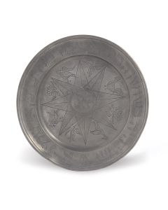 Rim engraved with Hebrew verse from Book of Esther, base with eight-pointed star surrounded by birds and flowers. Marked. Diam: 22.5 cm (9 inches).