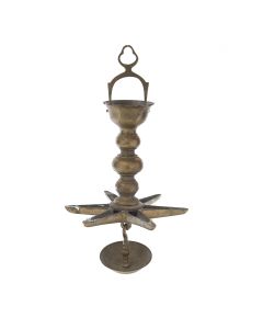 Six-pointed oil channels, baluster shaft, trefoil top; includes drip bowl. H: 17 inches.