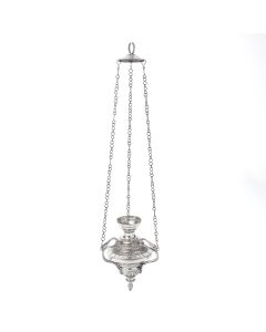 Urn-form lamp with serpent arms, suspended by chain from domed upper element. Height: 17 inches.