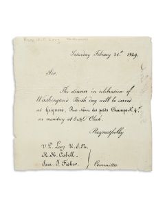 Printed Invitation to President’s Day Dinner from Uriah P. Levy, R.H. Cabell, and Sam J. Fisher.