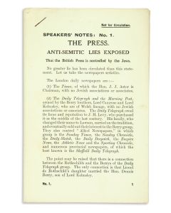 The Jewish Defence Campaign. Speakers’ Notes: Anti-Semitic Lies Exposed. 21 pamphlets. <<* With:>> Hints for Speakers.