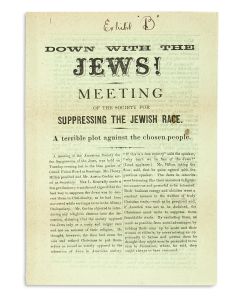 (Anti-Semitic parody). Harry Hananel Marks. Down With the Jews! Meeting of the Society For Suppressing the Jewish Race. A Terrible Plot Against the Chosen People.