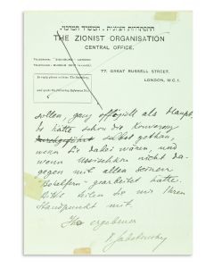 (Zionist Revisionist leader, 1880-1940). <<Autograph Letter Signed>> written in German, on letterhead of the Central Office of the Zionist Organization in London.