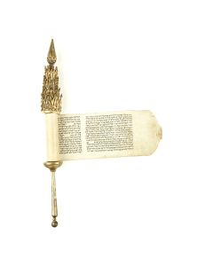 Of filigree with basket-weave borders, quadruple-tiered crown and spire. Fitted with complete <<manuscript Hebrew scroll of Esther>> composed on vellum. Length: 16 inches (40.6 cm).