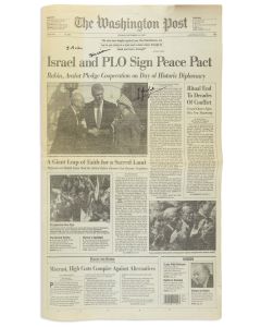 The Washington Post. “Israel and PLO Sign Peace Pact.” Front page photograph of Prime Minister Yitzhak Rabin, President Bill Clinton and Chairman Yasser Arafat in the White House Rose Garden at the ceremonial signing of the Oslo Peace Accords.