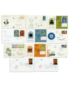 Group of <<eleven>> Israel First-Day Cover stamps, all (but one) designed by Chagall. <<Each boldly signed in charcoal by Chagall.>>