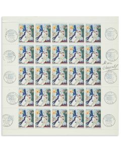 Complete sheet of French postage stamps, depicting Chagall’s iconic painting of two lovers.