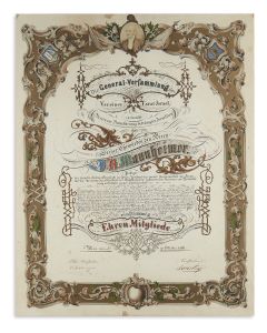 (1793-1865). Testimonial Certificate presented to Rabbi Mannheimer on the occasion of his 70th birthday presented by Esrat Israel - Verein zur Unterstützung bedrängter Israeliten, Vienna. October 17, 1863.