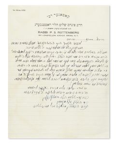 (Grand Rebbe of Kosson, 1892-1966). Autograph Letter Signed written on letterhead in Hebrew to Rabbi Avraham Abir Kreuser.