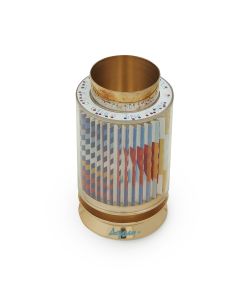 Silver-gilt kiddush cup set within revolving Agam serigraph (“Agamograph”) contained in lucite cylinder. 
