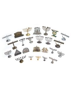 Wonderful collection of c. 32 miniature (and slightly larger) Chanukah lamps. Silver, bronze and others.