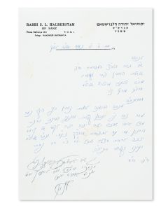 (Grand Rebbe of Klausenberg-Sanz, 1904-94). Letter Signed, written in Hebrew on letterhead, to Rabbi Elazar Meisels.