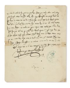 (Rosh Yeshiva in Verbau, Av Beth Din in Ungvar, 1814-86). Autograph Letter Signed and stamped on plain paper, written in Hebrew to <<Rabbi Yechezkel Banet.>>