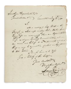 Solomon Etting (1764-1847). Autograph Letter Signed, written to Jonathan Bayard Smith, Grandmaster of Lodge 43. F.A.M.