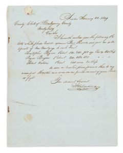 Jacob Raphael De Cordova (1808-68). Autograph Letter Signed, written to the Clerk of Montgomery County.