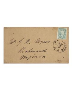 Confederate cover with a ten cent CS blue stamp postmarked Amelia Courthouse, to Gustavus A. Myers, Richmond, Virginia.