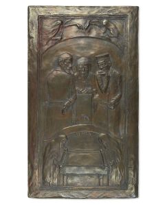 Heavy sculpted bronze panel, composed in a high-relief style. 
