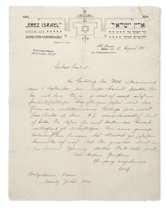(Father of Political Zionism, 1860-1904). Letter Signed, written in German on Zionist Congress letterhead, to the journalist Moritz Zobel of Vienna.