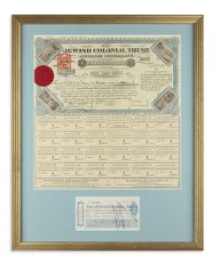 (Russian Zionist Revisionist leader, 1880-1940). Jewish Colonial Trust Check. Made out to “Miss Petersen” and signed by Jabotinsky. <<* Framed with:>> Jewish Colonial Trust Bond. 15th January, 1900.