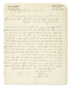 (Rabbi of Sekelhid, 1879-1944). Autograph Letter Signed written in Hebrew on letterhead to Rabbi Leo Jung of New York.