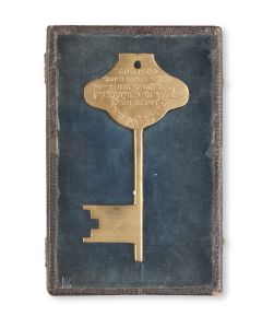 Brass Presentation Key. Commemorating the opening of the Machzikei Hadas Synagogue, Brussels. 