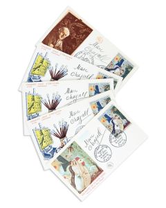 Group of <<five>> French First-Day Cover stamps, all designed by Chagall. <<Each boldly signed in charcoal by Chagall.>>