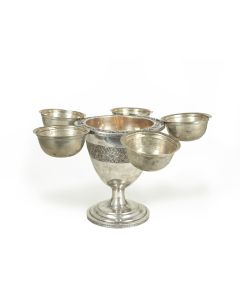 Set on mounted base, large central bowl with five removable small dishes attached to filigree rim. Marked. With accompanying wine goblet. H; 6 1/2 inches (16.5 cm).