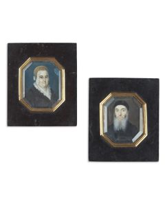 Pair of miniature portraits, evidently of an Orthodox husband and wife, very finely painted and encassed behind glass.