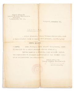 Protective Pass issued to a Jew, Florian Kimpel, by the Swiss Legation in Budapest, led by Carl Lutz.