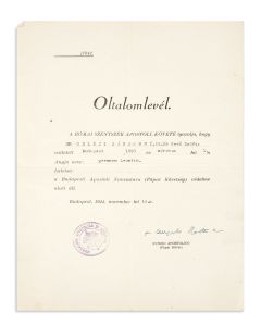 Letter of Protection (“Oltalomlevel”) issued to two Hungarian Jews, signed by the Apostolic Nuncio in Budapest, Monsignor <<Angelo Rotta.>>