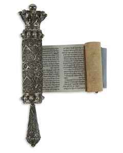 Charmingly petite, decorative filigree in traditional style. Filigree coronet finial and spindle. Thumb-piece engraved in Hebrew “Bezalel, Jerusalem.” Scroll: Manuscript in Aschkenazic hand. Length: 6.5 inches (16.5 cm).