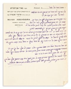 (“Baba Meir” 1917-83). Autograph Letter (unsigned) written in Hebrew in purple ink on letterhead to Rabbi Avraham Elasri (Lasri).