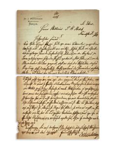 (Moderniser of Orthodox Judaism in Germany, 1820-99). Autograph Letter Signed written on letterhead in German (with some Hebrew) to <<Rabbi Samson Raphael Hirsch>> (1808-88) in Frankfurt.