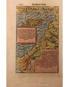 Woodcut hand-colored map of the Levant.