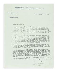 Jules Romains (French novelist and President of International PEN, 1885-1972). Typed Letter Signed, on letterhead of International PEN, written in French, to the President of France [Albert Lebrun].