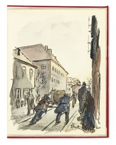 Four watercolor illustrations of unidentified Ghetto scenes.