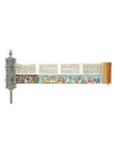 Contemporary illuminated Hebrew Scroll of Esther accomplished in traditional hand on vellum.