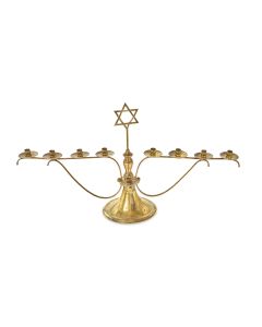 Attractive, elegant design, featuring eight candle-sockets centered by free-standing Star-of-David. L: 19 inches (48 cm); H: 10 inches (25 cm).