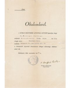 Letter of Protection (“Oltalomlevel”) issued to a Hungarian Jew, Dr. Farago Gyorgy and signed by the Apostolic Nuncio in Budapest, Monsignor Angelo Rotta.