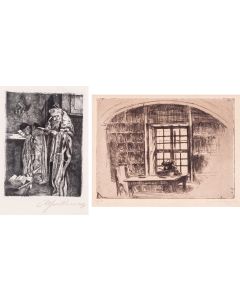 Two charming etchings depicting men at prayer and study.