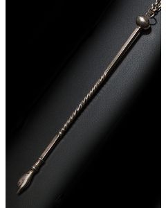 Thin twisted shaft terminating in realistic hand and pointed finger; squared upper portion topped by round knop. Hung with chain (contemporary). Marked: “WB” and with the King George III duty mark. 8.75 inches.