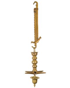 Traditional “Judenstern.” A composite consisting of ratchet bar with stylized bird element from which hangs a six-channel oil-lamp hanging from baluster shaft, suspended from hook; matching bell-shaped drip bowl. Height: 31 inches.