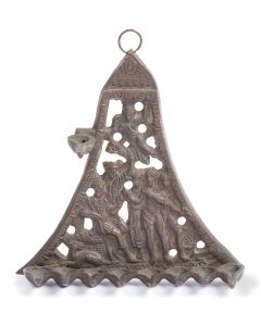 Triangular, openwork backplate with arched ribs, framed by stylized acanthus leaves and depicting the Greek mythology of the Judgment of Paris. Fronted by row of oil fonts and surmounted by suspension ring. 8.25 x 7.75 inches.