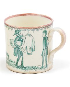 straight sided tea cup painted with images of village-folk: the jewish peddler, the fish monger and the beggar; with additional decorative border of fanciful design along upper rim and base. Marked: davenport. Height: 2.625; Diameter: 2.75 Inches.