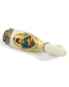 Hand painted with miniature portrait of Rabbi Moshe Sopher (“The Chassam Sofer”), titled in Hebrew below. With hinged, pierced silver lid at top. Length: 5 inches.