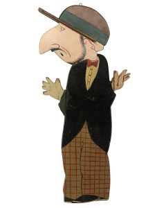 Painted wooden caricature of an “ethnic,” bearded Jewish man wearing hat with moveable visor. Some repair; right hand replaced. Small suspension hook at top. 24.5 x 11.25 inches.