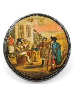 Lacquered lidded keepsake box featuring miniature painted scene of two Jewish musicians playing violin and cello entertaining a family seated at a cafe. Shingle bears a sun and “[18?]25” (name is indecipherable). Diameter: 3.5 inches.